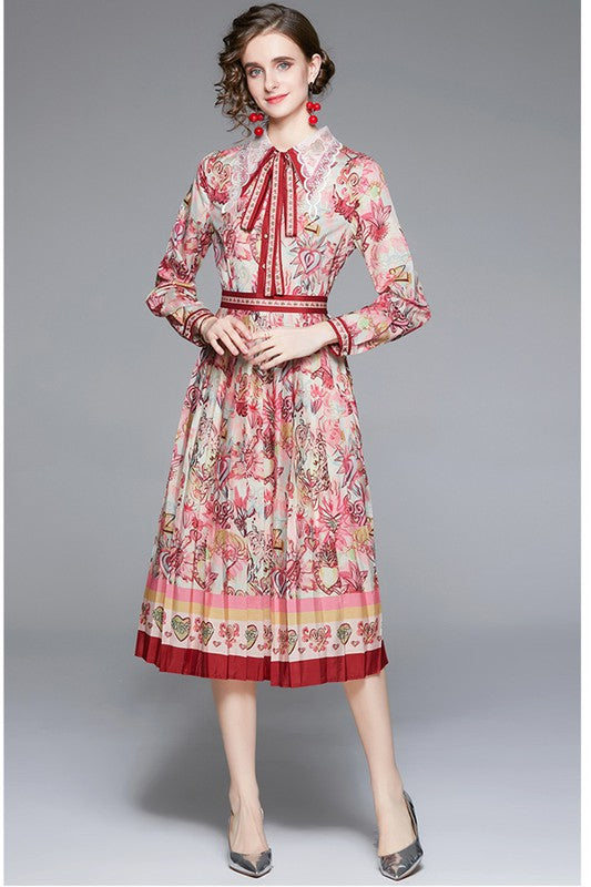 BY CLAUDE TIE NECK RED FLORAL FASHION DRESS