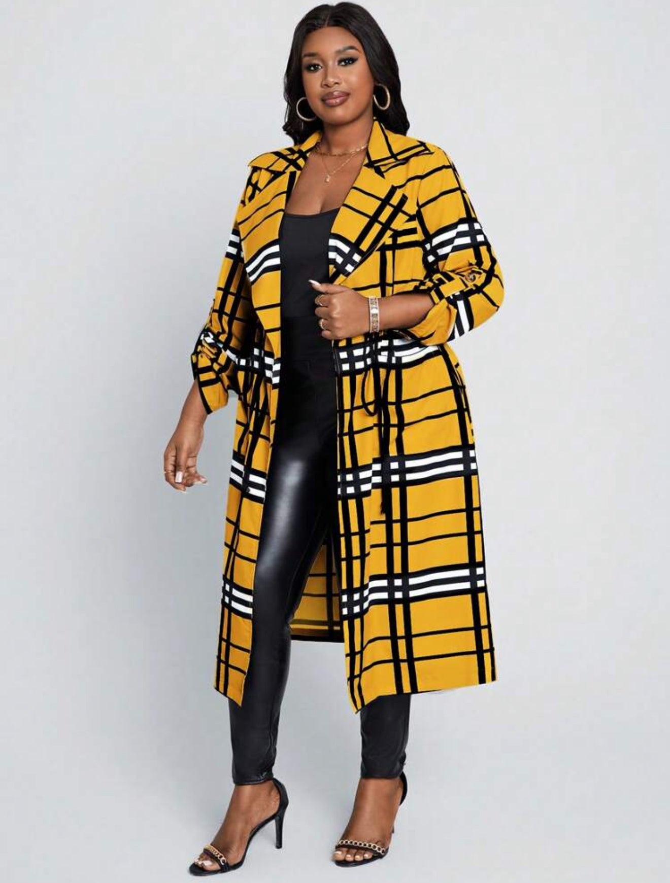 Mustard Plaid Print Long Length Cardigan, Plus Size 12 - 20