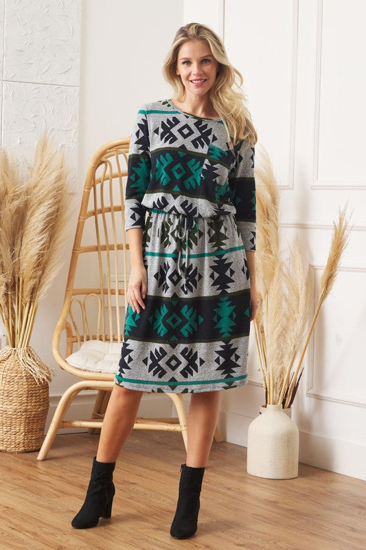 Plus Size Tribal Drawstring Blouson Midi Dress