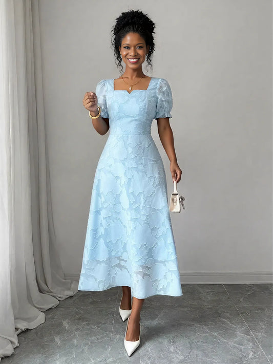 Floral Square Neck Puff Sleeve Midi Dress