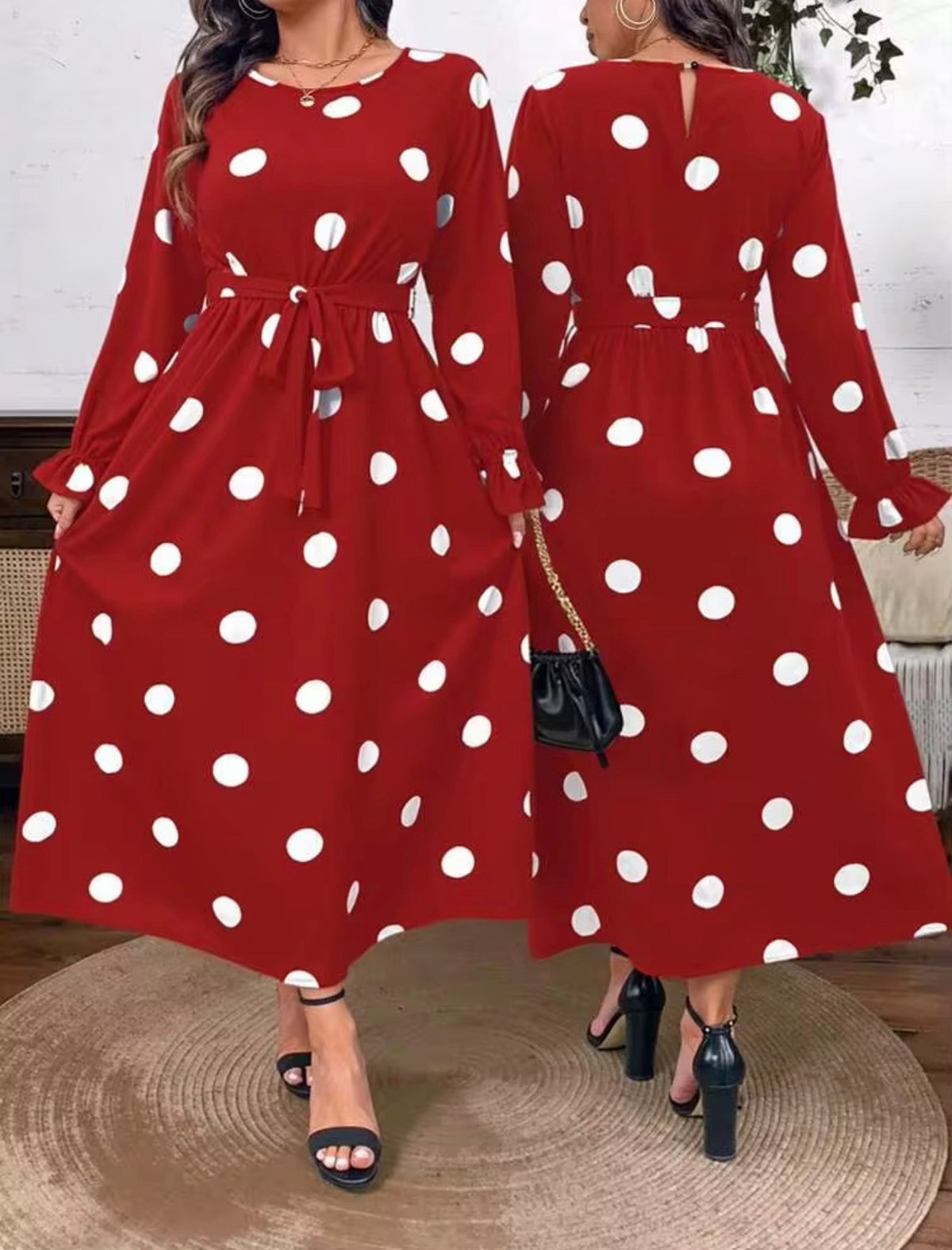 Polka Dot Tie-Waist Long Sleeve Maxi Dress - Red, Size 2X (US 16)