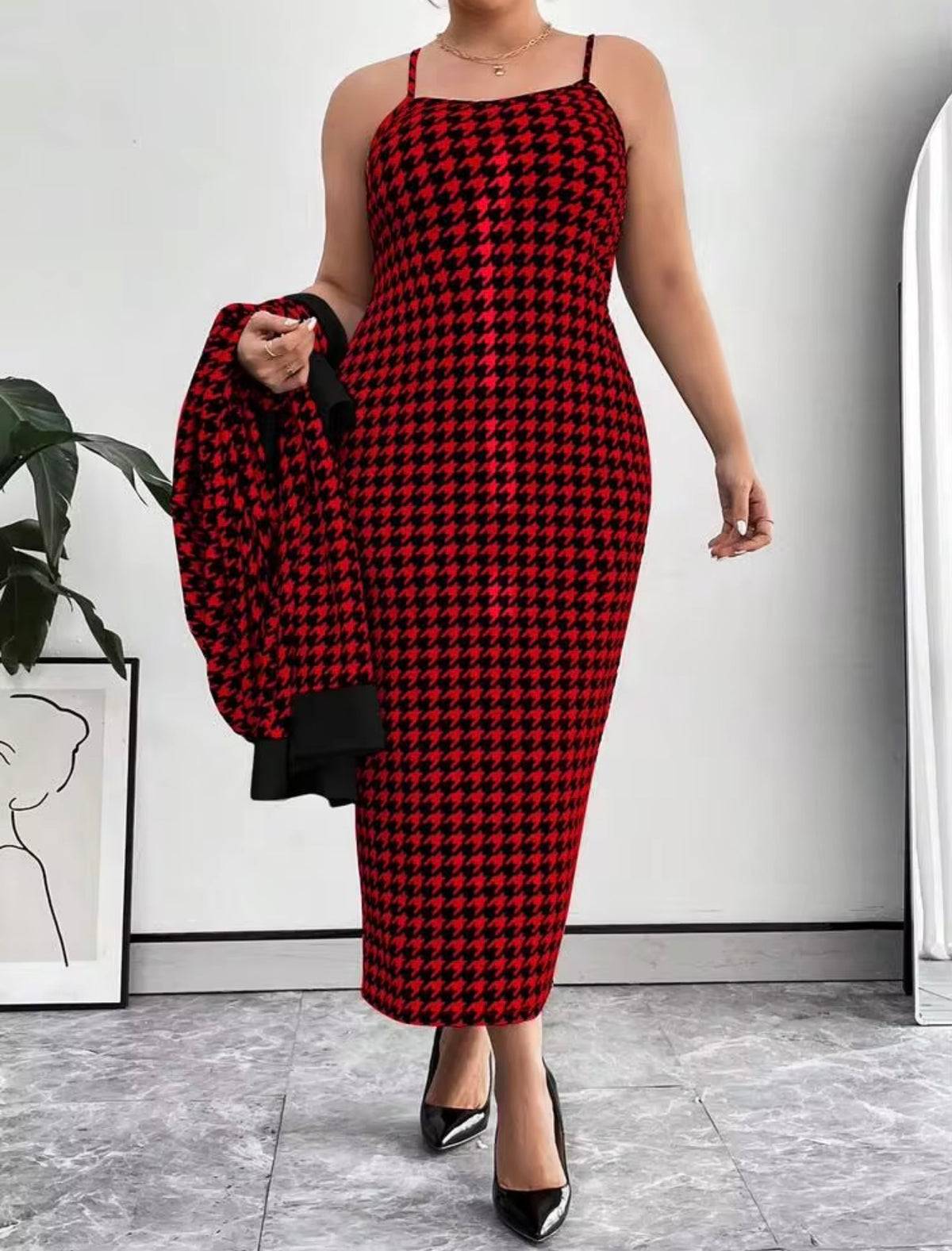 Classic Houndstooth Knit Cardigan & Dress Set - Black/Red, 3X (US 18)