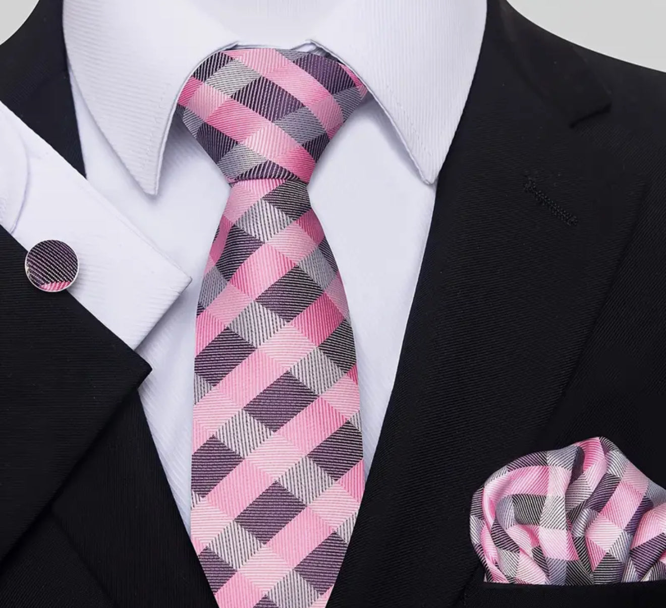 Men’s Silk Coordinated Tie Set - Pink Gray Plaid