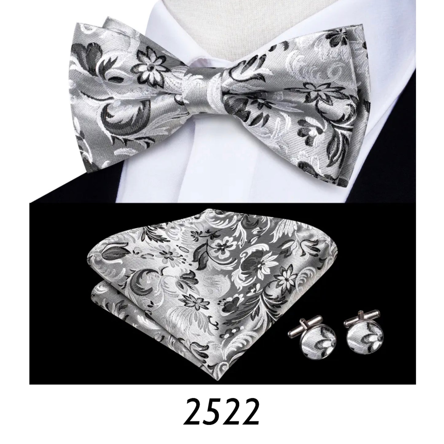 Men’s Silk Coordinated Black Bow Tie Set - Silver Black Paisley 2522