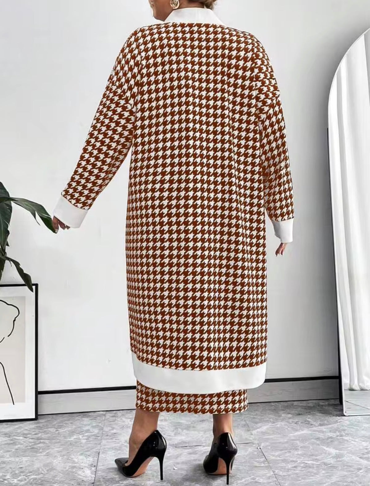 Classic Houndstooth Knit Cardigan & Dress Set - Brown/White, 3X (US 18)