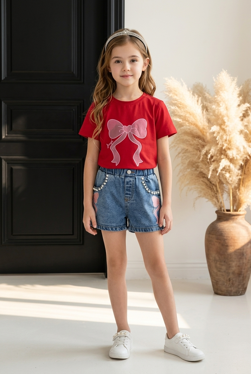 Children's Bowknot T-shirt and Denim Shorts Set