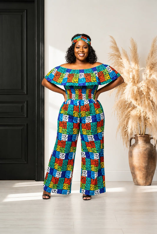 African Print Ruffled Neckline Jumpsuit / Romper (Blue)