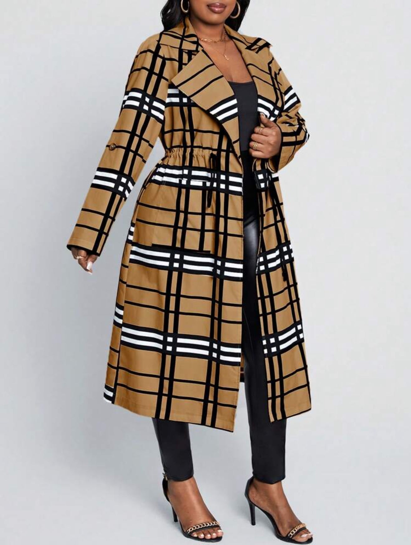 Beige Plaid Print Long Length Cardigan, Plus Size 12 - 20