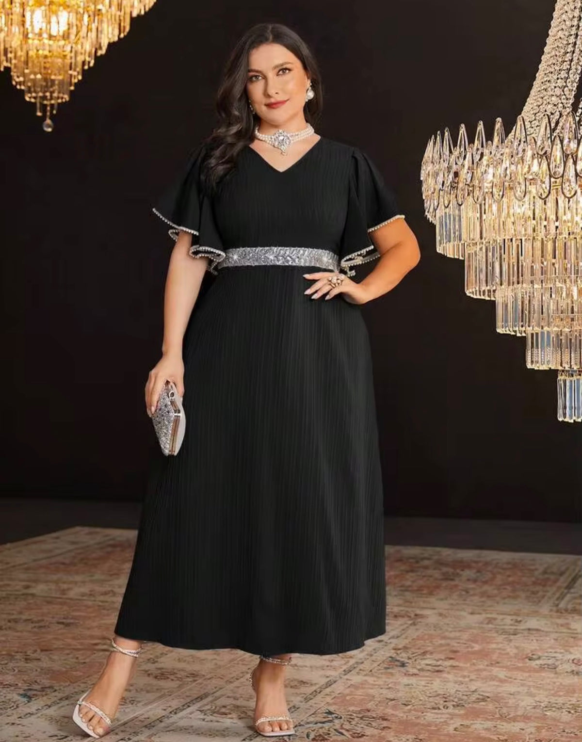 Elegant Black V-Neck Maxi Dress with Silver Accents, Size 2X (US 16)