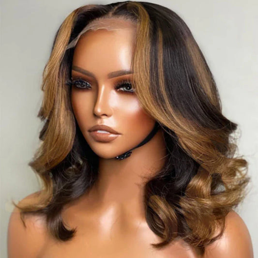 14 Inches Blonde Mix Black Loose Wave 5x5 Closure HD Lace Glueless Mid Part Short Wig