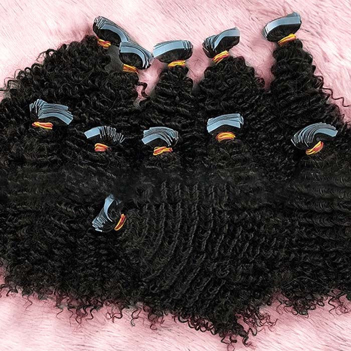 Afro-textured Kinky Curly Tape In Remy Hair Extensions #1B Natural Black