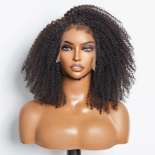 16 Inches 13"x4" Afro Kinky Curly 4C Edge Hairline #1B Lace Frontal Wig-100% Human Hair