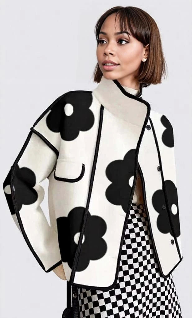 Contrast Color Flower Print Long Sleeves Loose Coat