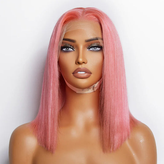 12 Inches Pre-Plucked 13"x4" #Pink Straight Bob Lace Frontal Wig 150% Density-100% Human Hair