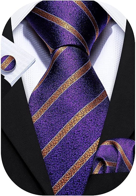 Men’s Silk Coordinated Tie Set - Purple Gold Striped