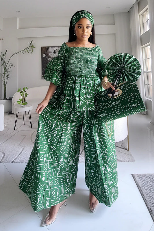 5-Piece African Ankara Pant Set Emerald - 019-PS14C