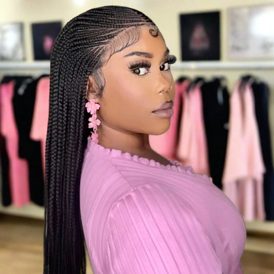 HAND BRAIDED 30 Inches 13x7 Fulani Braided Neat Braids Lace Front Wigs 200% Density-100% Handmade