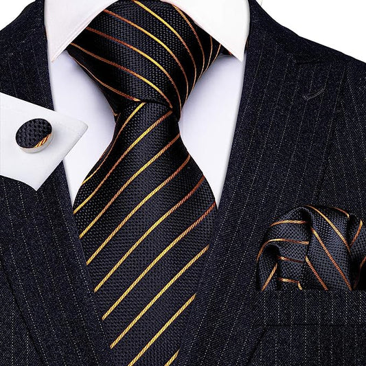 Men’s Silk Coordinated Tie Set - Black Gold Stripe