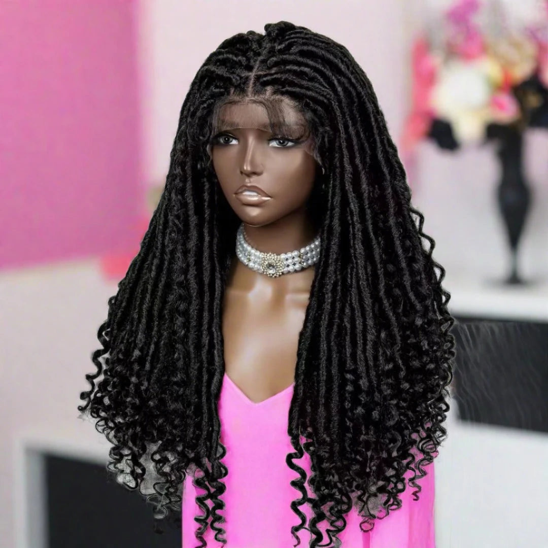 26 Inches 4x4 Faux Goddess Locs with Curls Braids Lace Closure Wigs 200% Density-100% Handmade