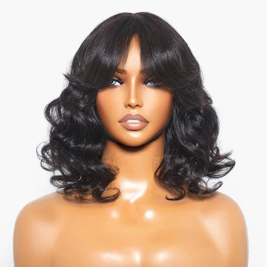 12 Inches Mature Lady Short Loose Wave #1B Lace Wig With Bangs - Glueless