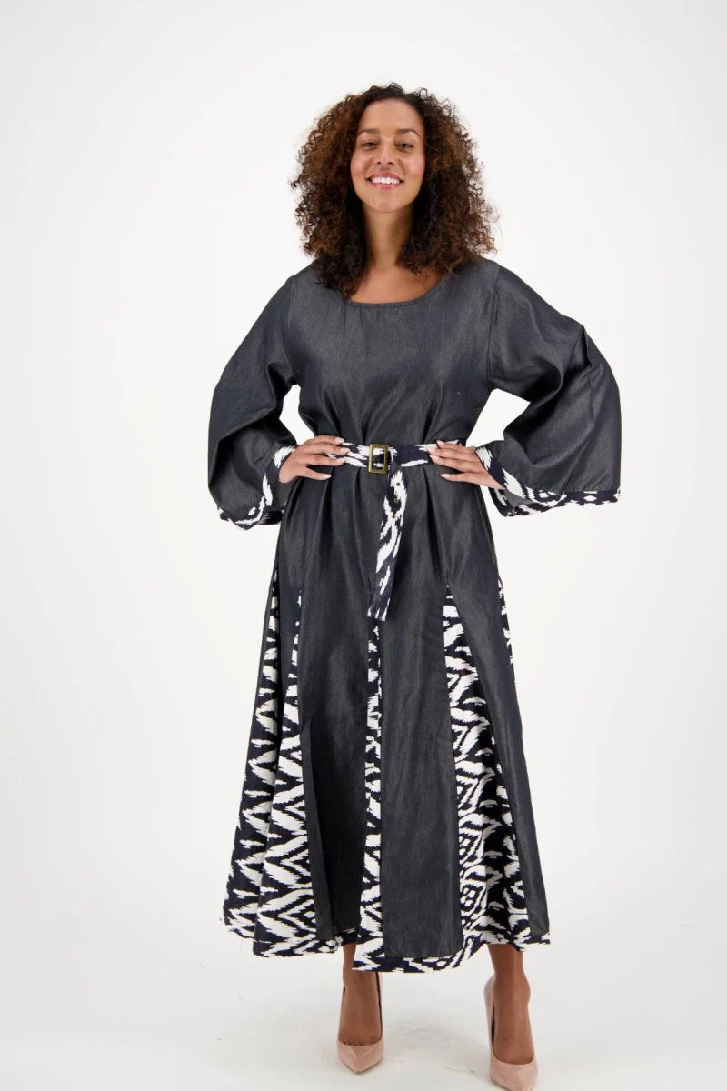 Black and White Long Sleeve Maxi Dress w/ Matching Ankara Print Belt