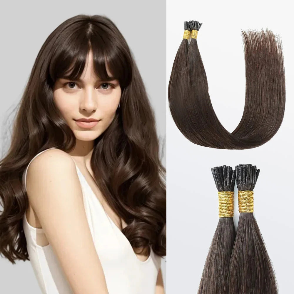 I Tip Hair Extensions Straight Natural Remy Human Hair (#2 Darkest Brown )