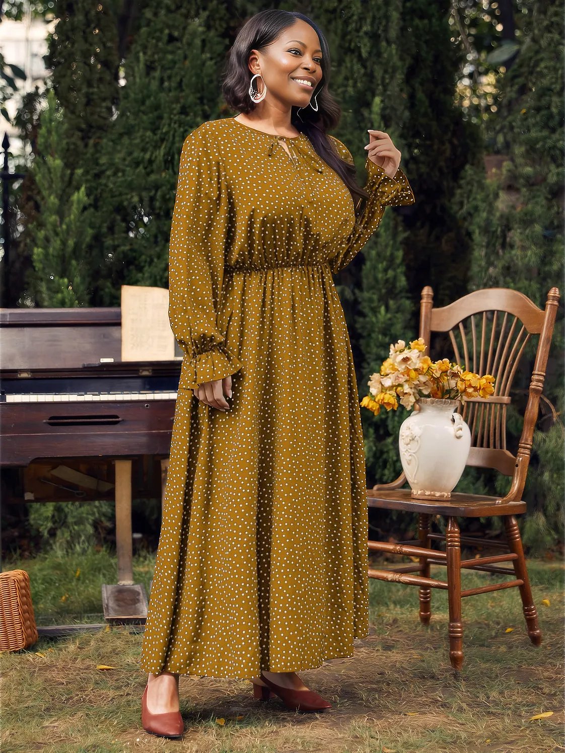 Plus Size Ruffled Polka Dot Long Sleeve Midi Dress - Three Color Choices