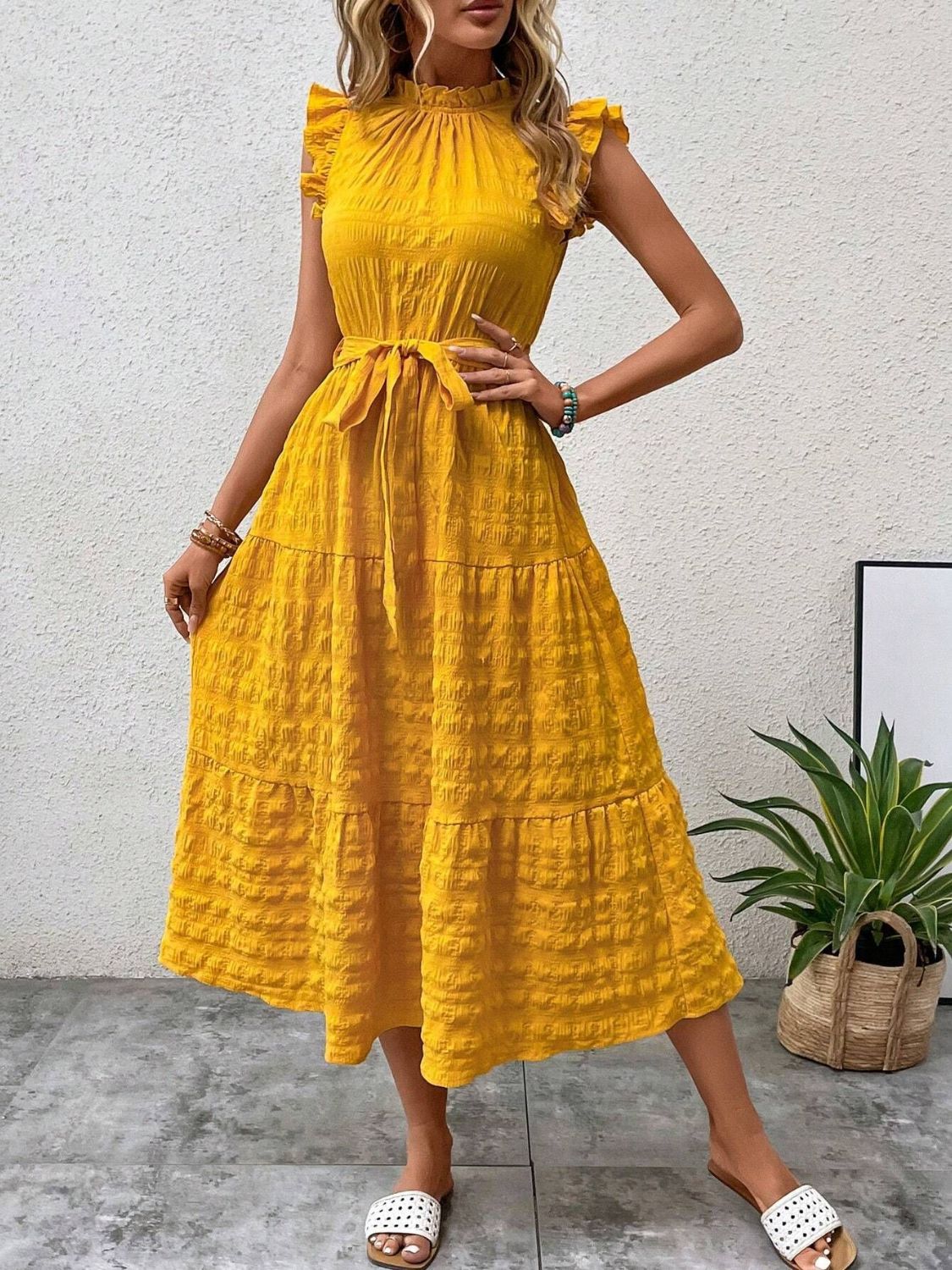 Tied Ruffled Cap Sleeve Midi Dress - 7 color choices