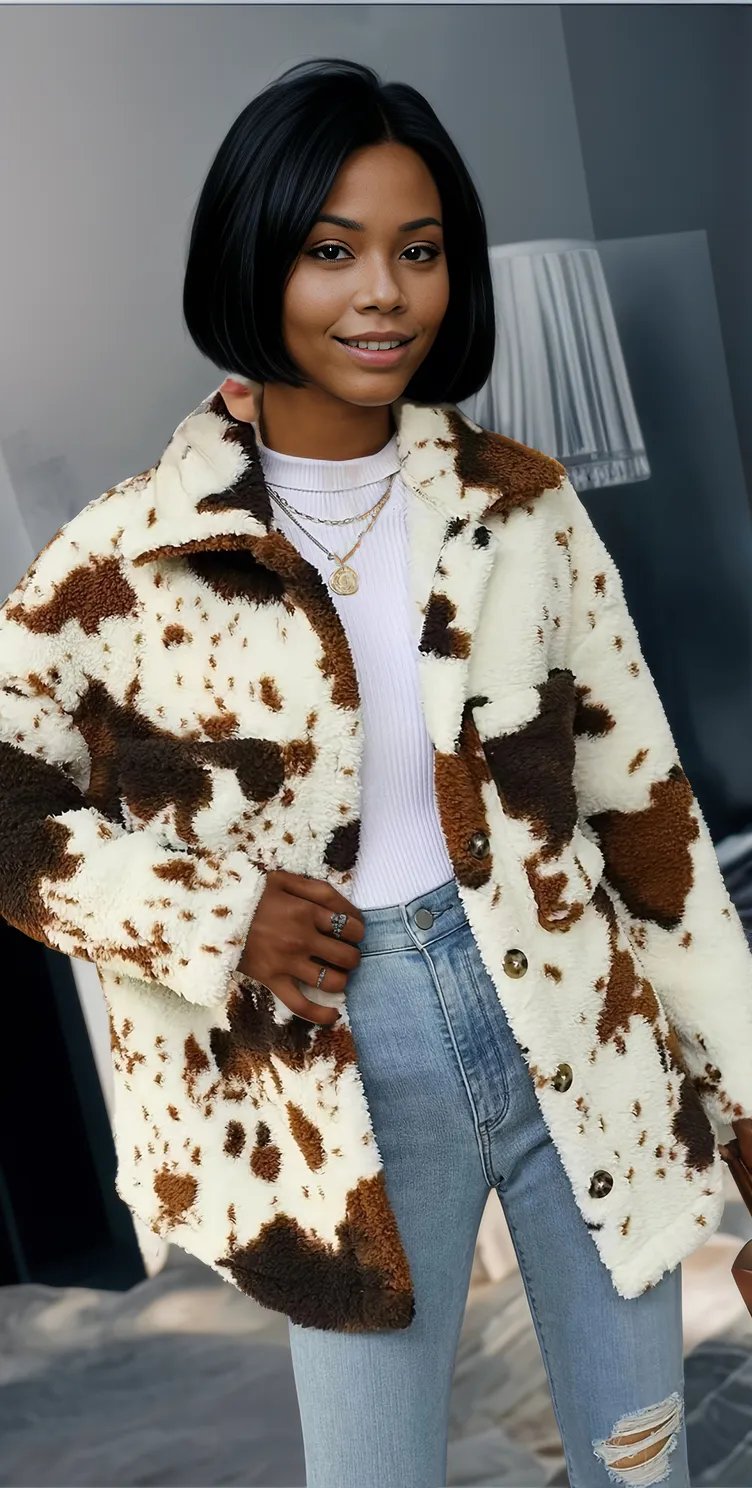 Cow Print Collared Neck Button Up Fuzzy Jacket