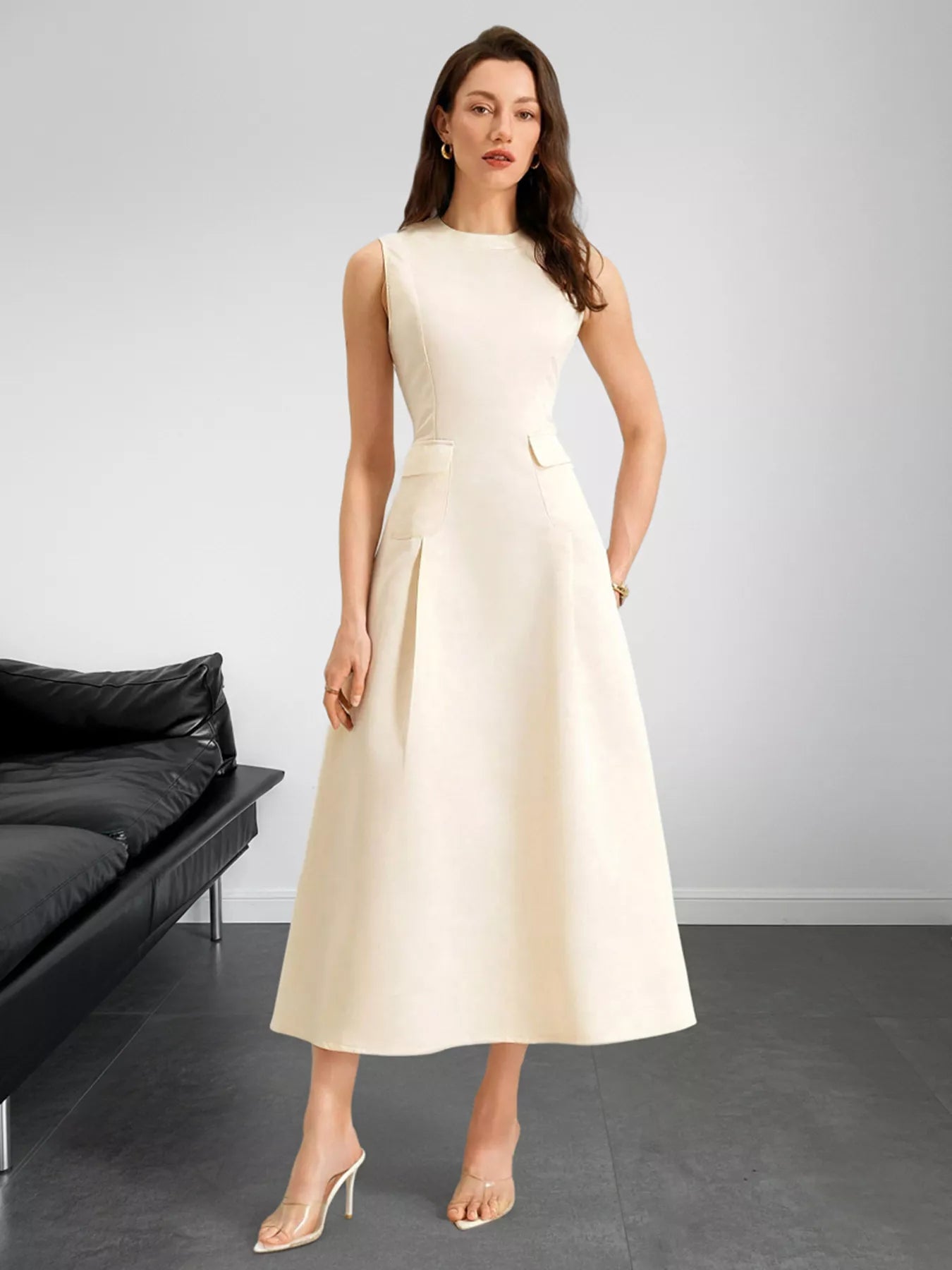 Sleeveless A-Line Midi Dress with Pockets - Apricot / S Sleeveless A-Line Midi Dress with Pockets - Apricot / S