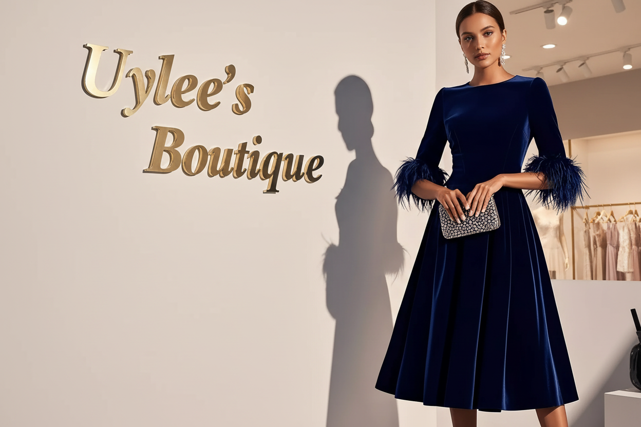 Velvet Midi Dress with Feather Cuffs, Three Color Choices