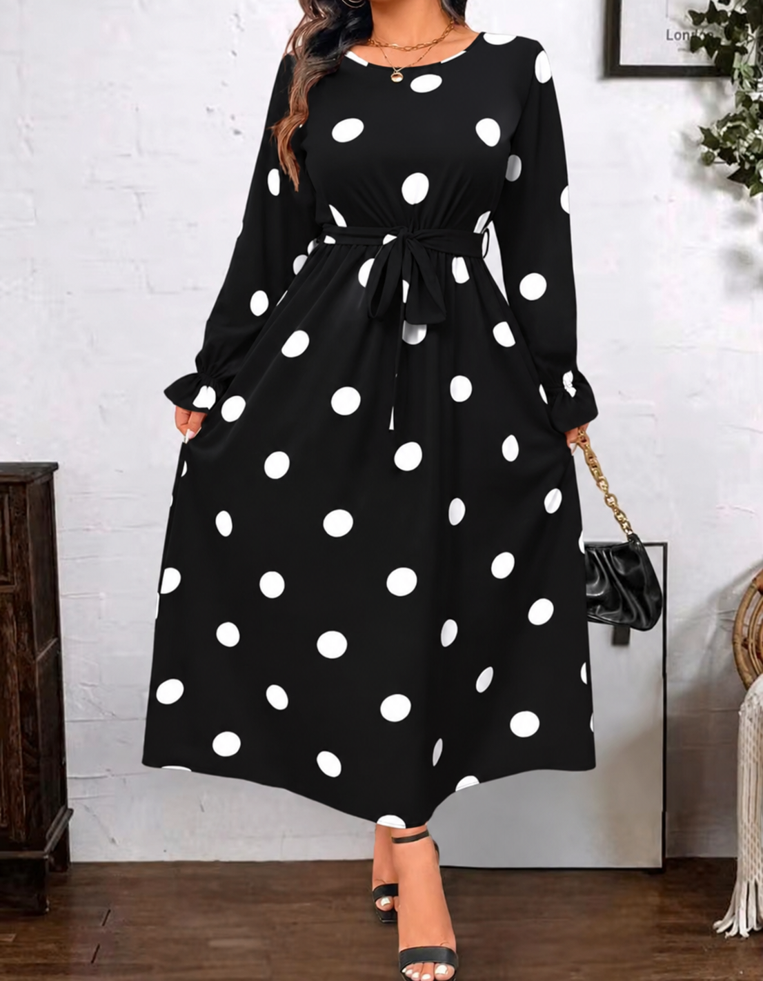 Polka Dot Tie-Waist Long Sleeve Maxi Dress - Black, Size 2X (US 16)