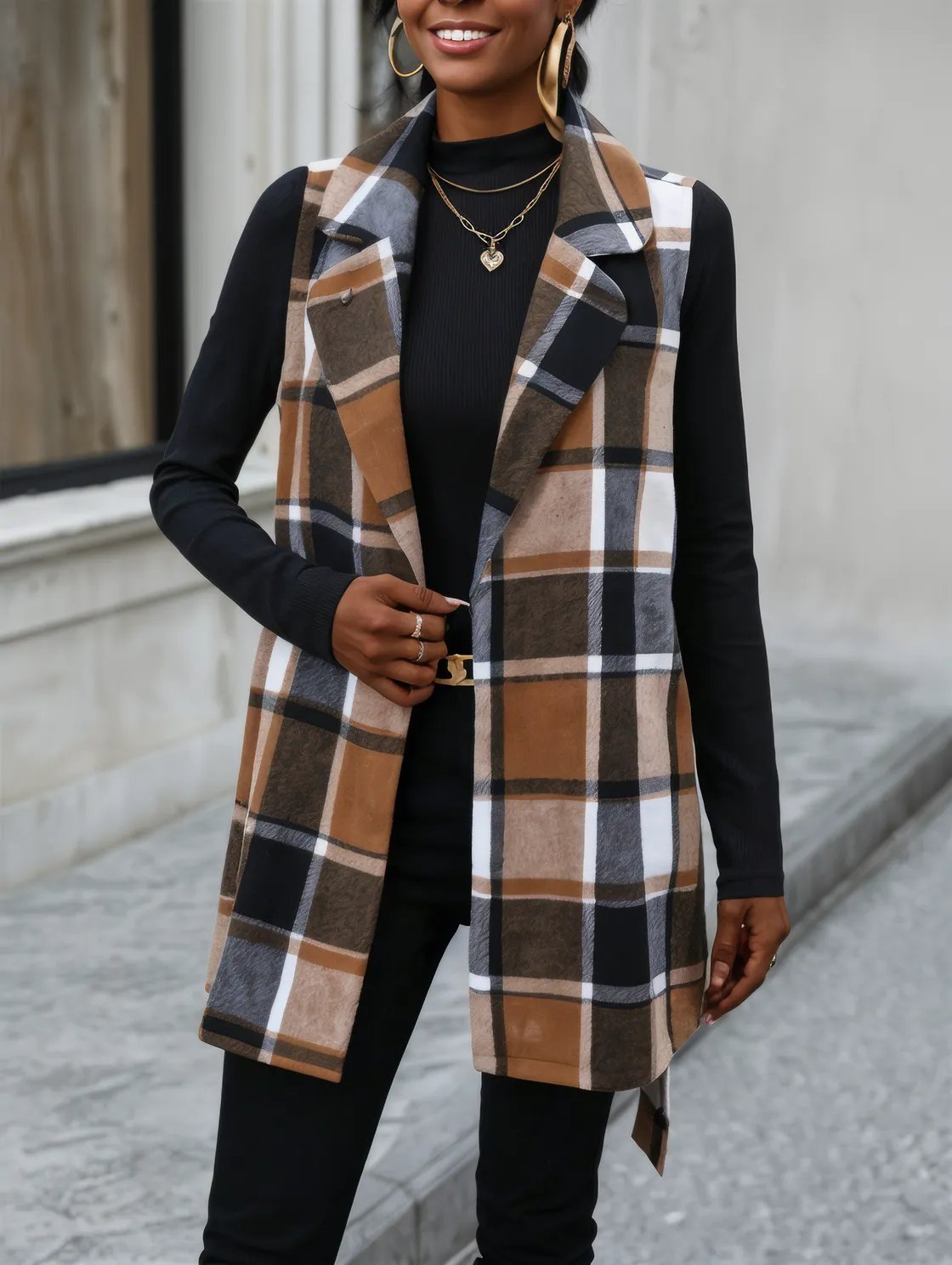 Tied Plaid Collared Neck Vest