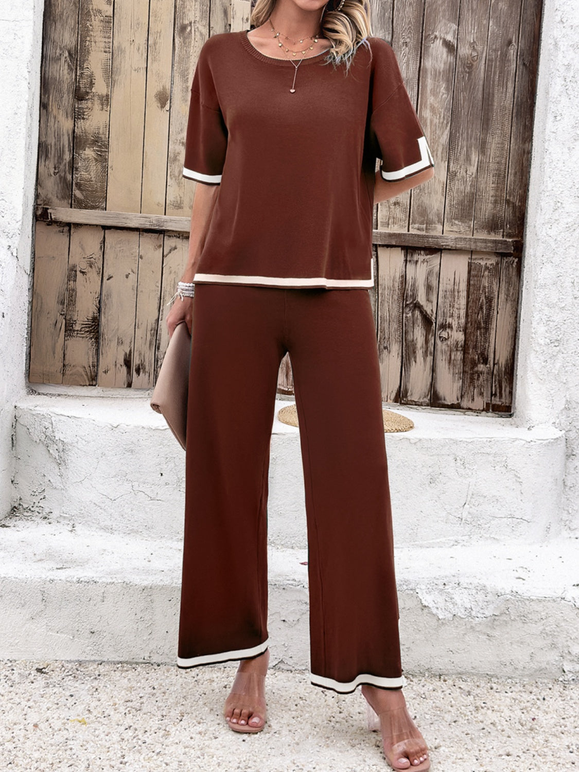 Devine Contrast Trim Round Neck Top and Pants Set, Nine Color Choices