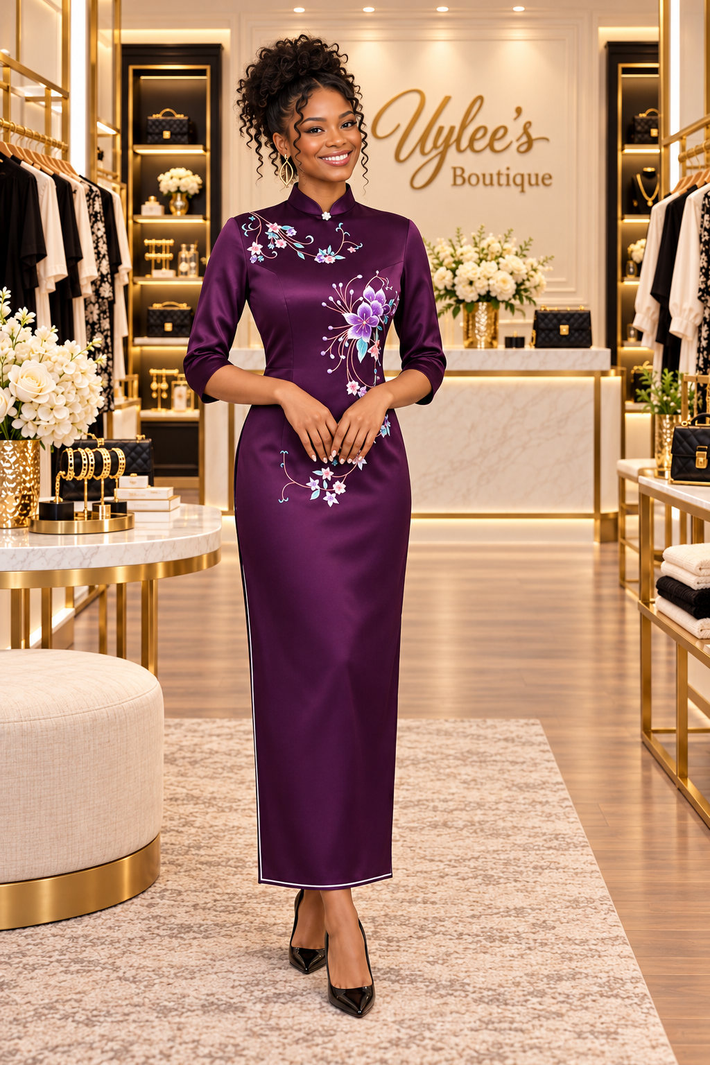 Plus Size Floral Embroidered Cheongsam Slim-Fit Dress