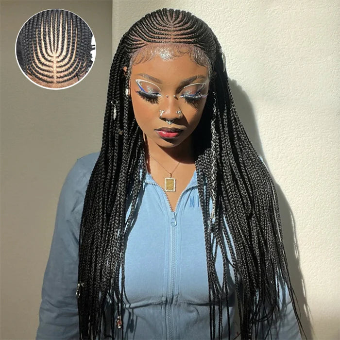 HAND BRAIDED 30 Inches 13x7 Fulani Braided Neat Braids Lace Front Wigs 200% Density-100% Handmade