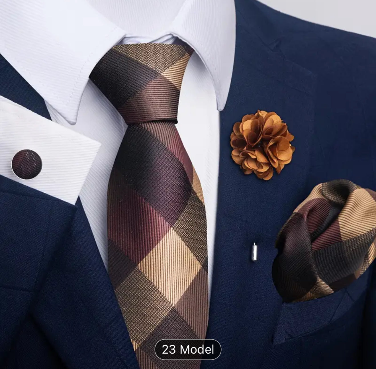 Men’s Silk Coordinated Tie Set - Brown Plaid