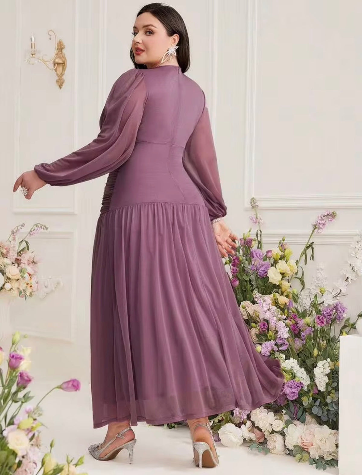Mauve Purple Long-Sleeve Chiffon Midi Dress, 2X (US 16)