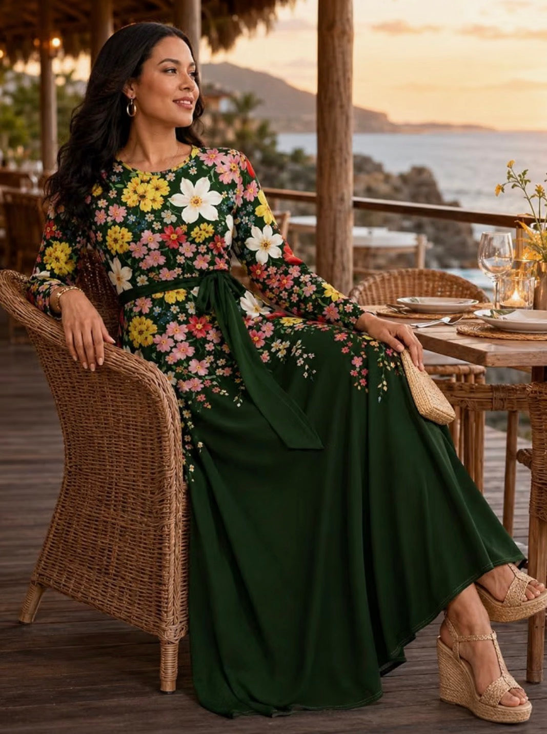 Women's 3/4 Sleeve Plus Size Maxi Dress A-line with Pockets, Size Large