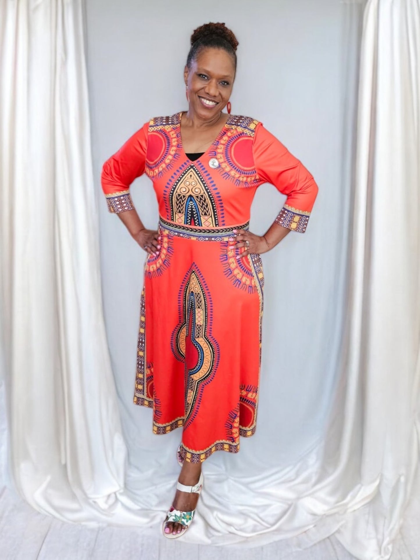 Elegant African Print Maxi Dress – Sizes S to 3XL (Orange)