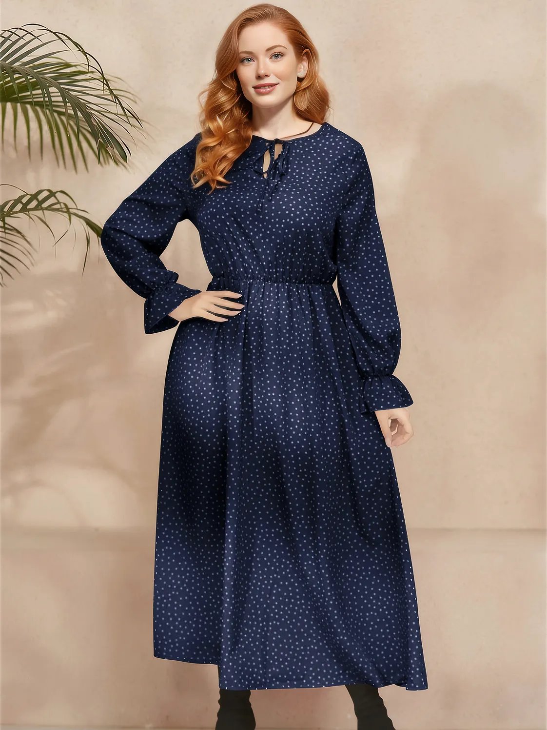 Plus Size Ruffled Polka Dot Long Sleeve Midi Dress - Three Color Choices