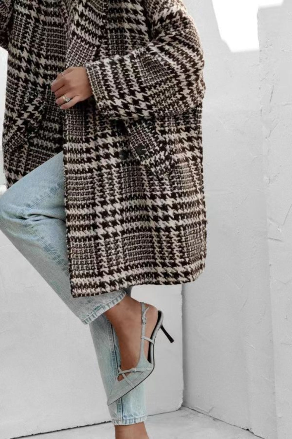 Houndstooth Collared Neck Long Sleeve Coat