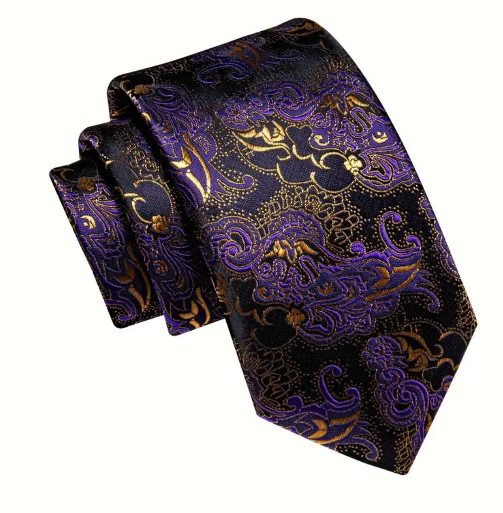 Men’s Silk Coordinated Tie Set - Purple & Gold Paisley