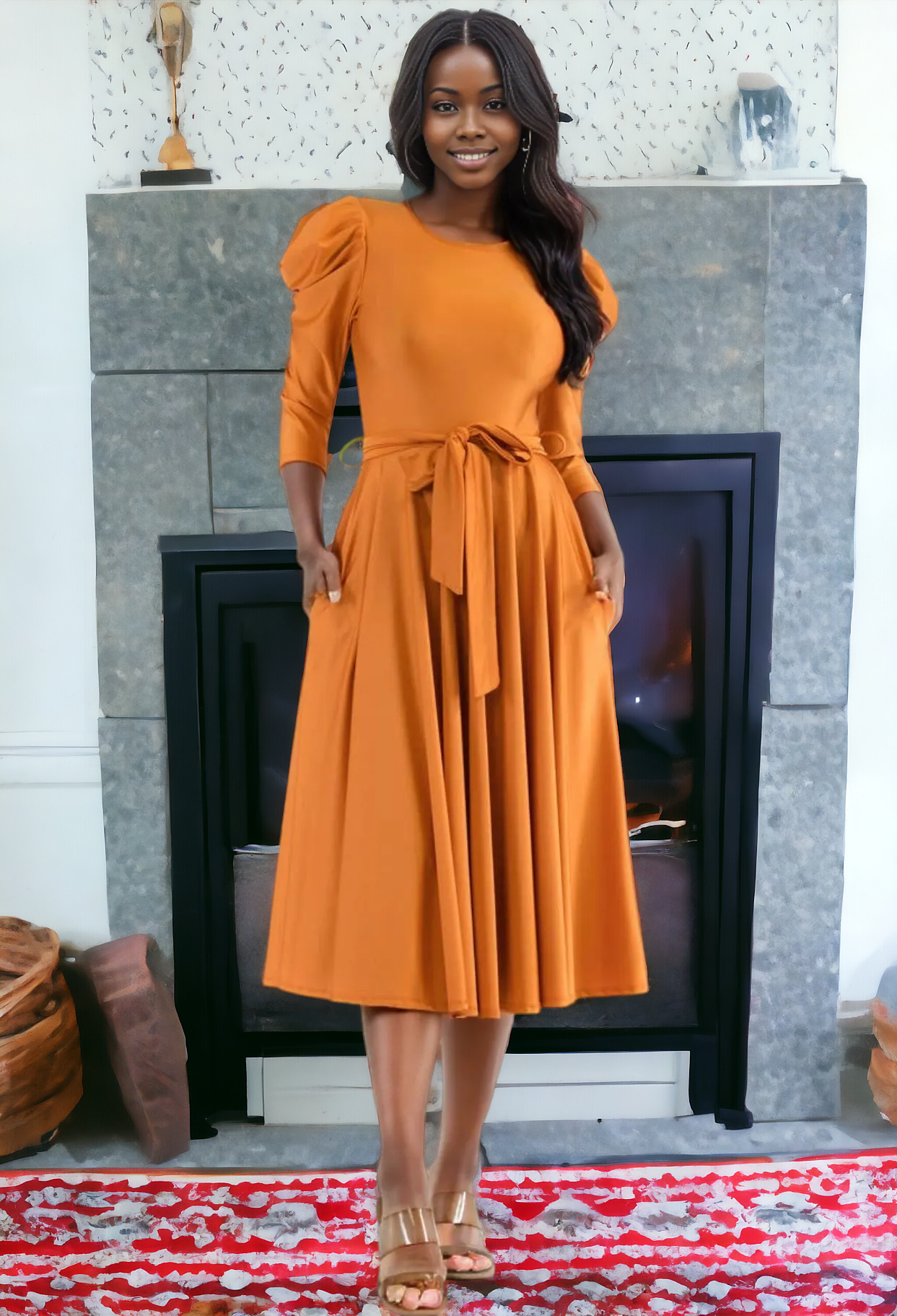 Puff Sleeve Cocktail Dress, Sizes 1X - 3X (Orange)