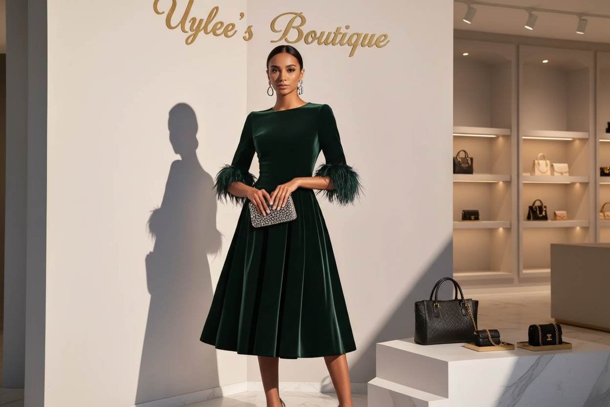 Velvet Midi Dress with Feather Cuffs, Three Color Choices