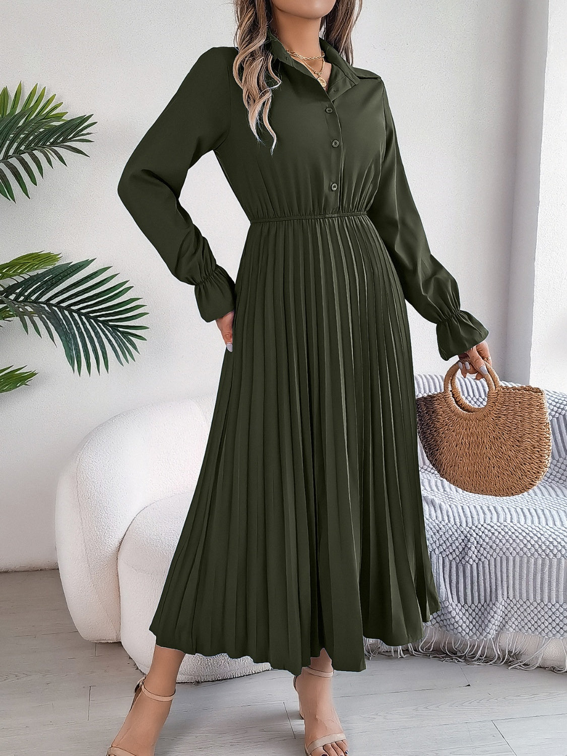 Pleated Half Button Long Sleeve Midi Dress