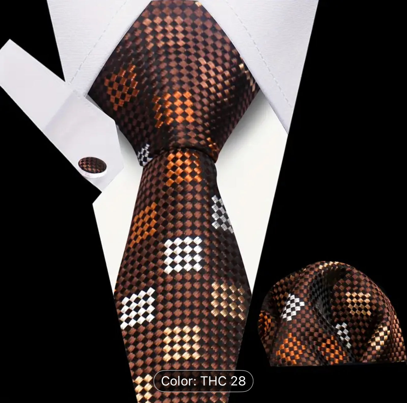 Men’s Silk Coordinated Tie Set - Brown with Gold Silver Bronze Squares