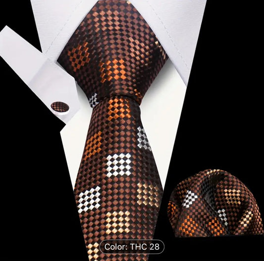 Men’s Silk Coordinated Tie Set - Brown with Gold Silver Bronze Squares