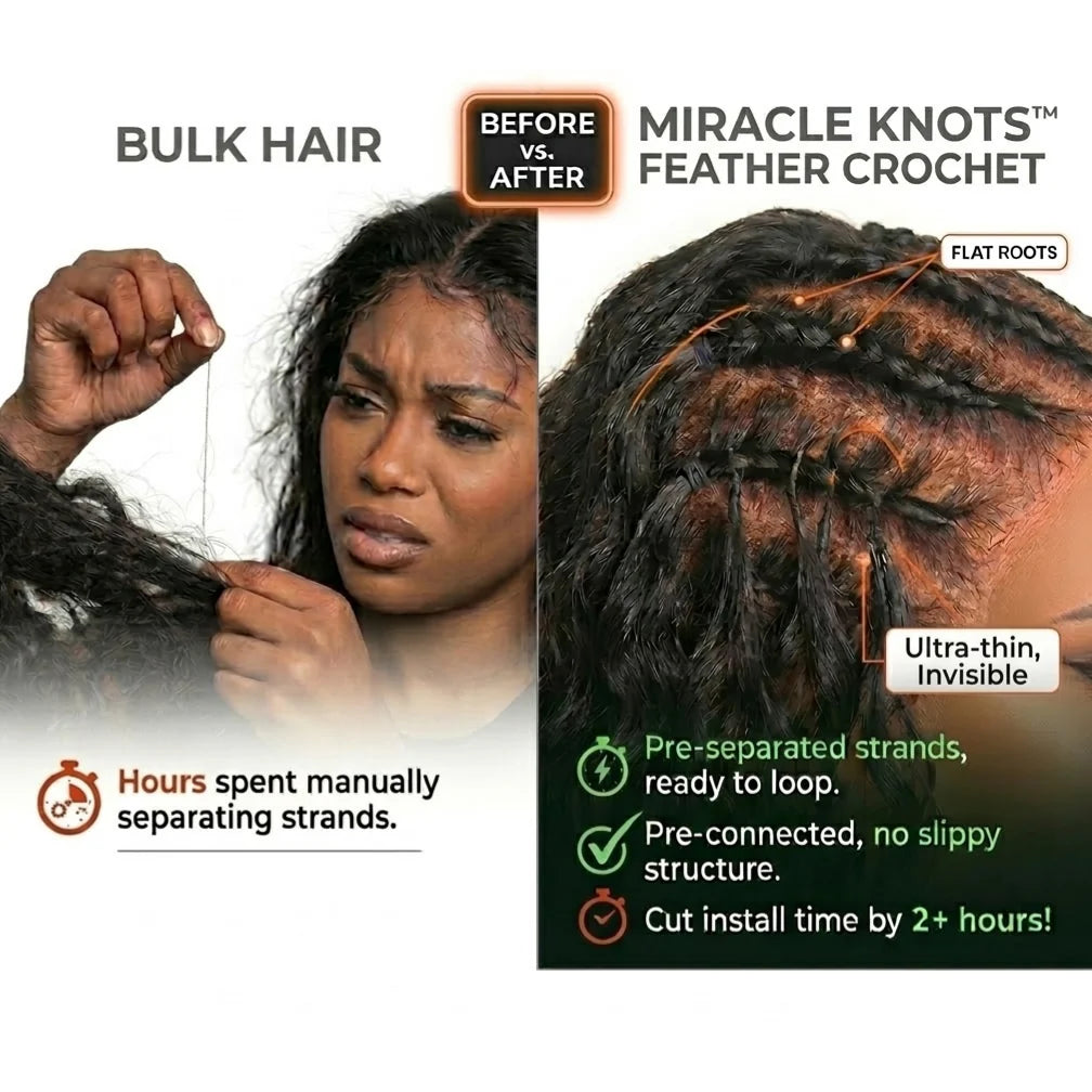 Miracle Knots Human Feather Crochet Hair Burmese Curly - Pre-Separated Knotless Crochet Braids for Seamless Blending