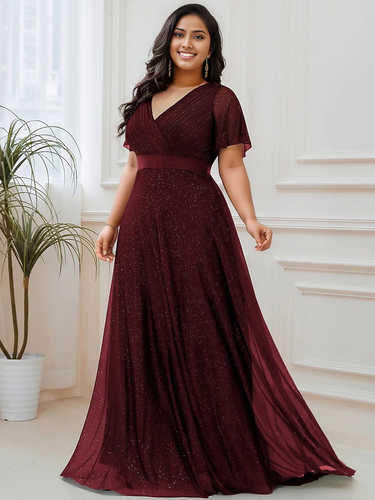 Evening Gown Plus Size After Plus Size V Neck Ribbon Waist Formal Evening Dress With Sleeves Evening Gown Plus Size After Plus Size V Neck Ribbon Waist Formal Evening Dress With Sleeves